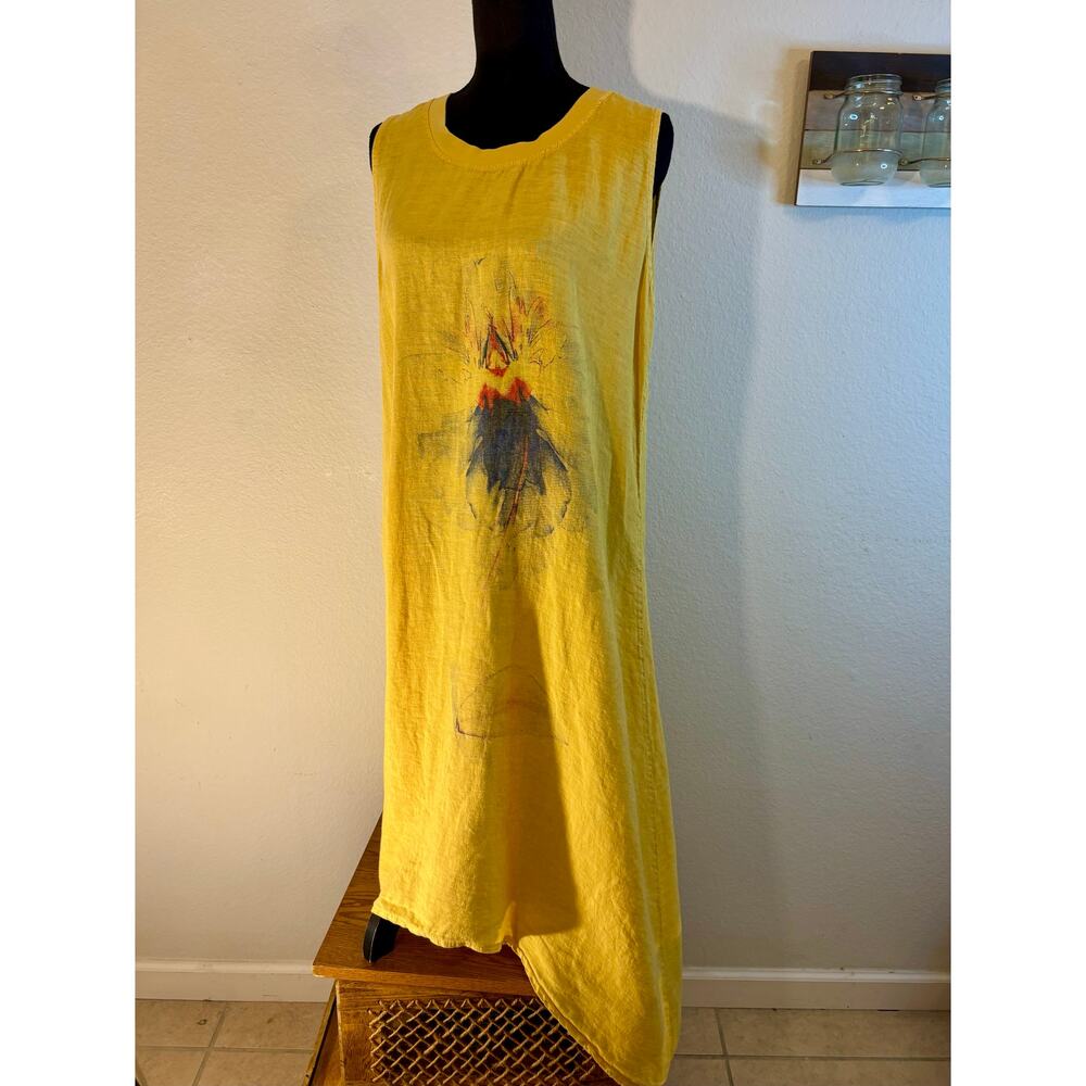 LAURA GOTTI Sz L 100% Linen Artisan Tank Dress Hand-Painted Artisan Print